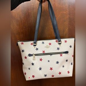 Coach Cream Leather Tote with Red and Navy Star Print